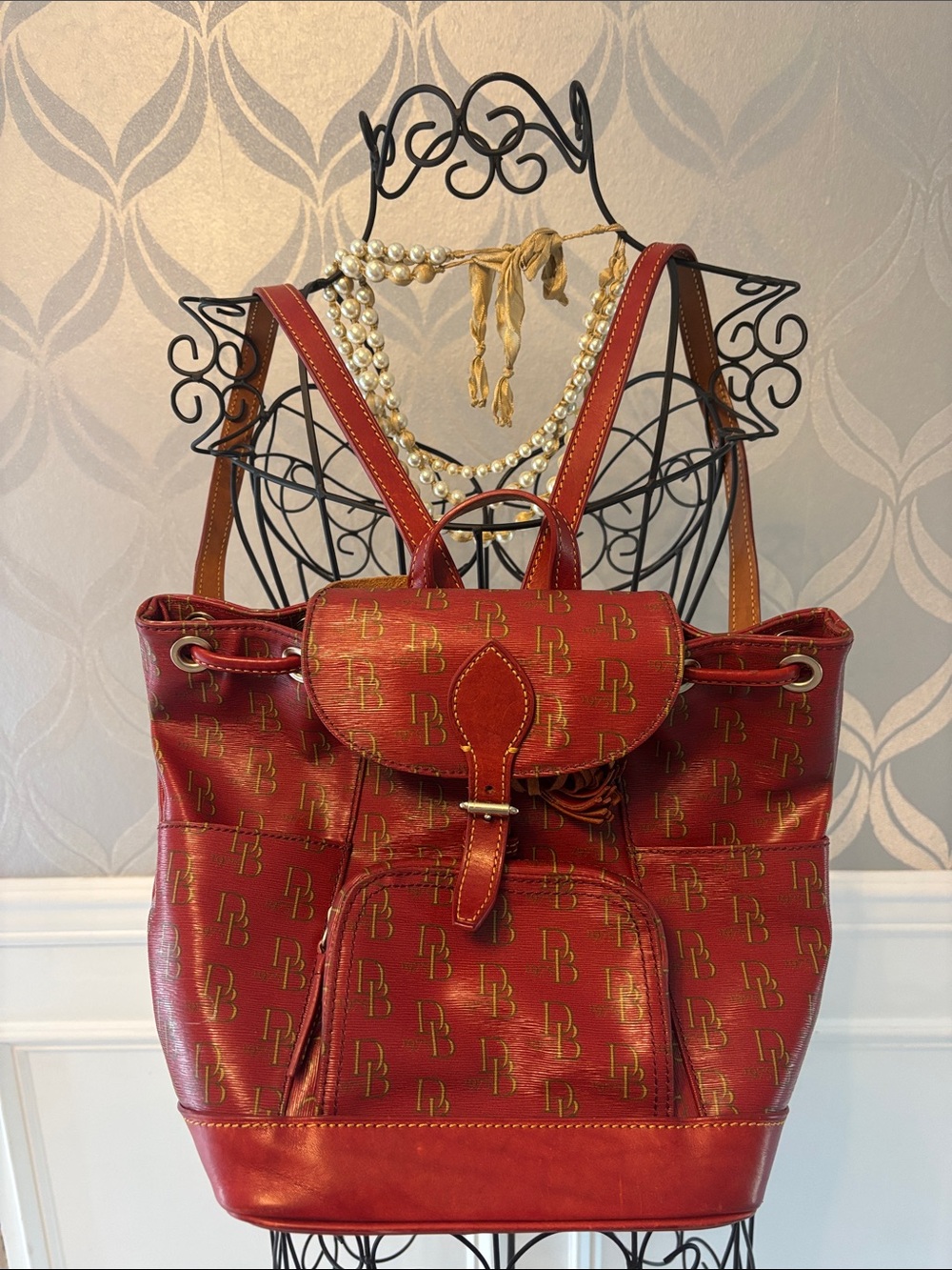 Dooney & Bourke Red Monogram Drawstring Backpack